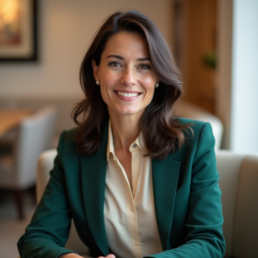 Portrait of Elena Tobaru, course co-author, seated in a bright office lounge