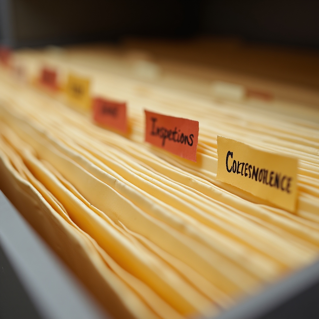 Close-up of labeled folder tabs used to file rental property paperwork