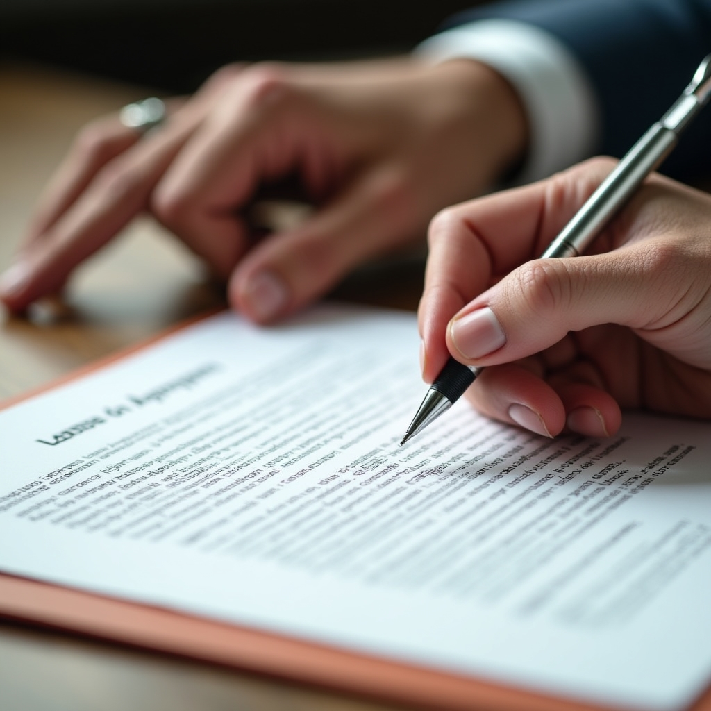 Hands reviewing a printed lease document with a pen resting on the page