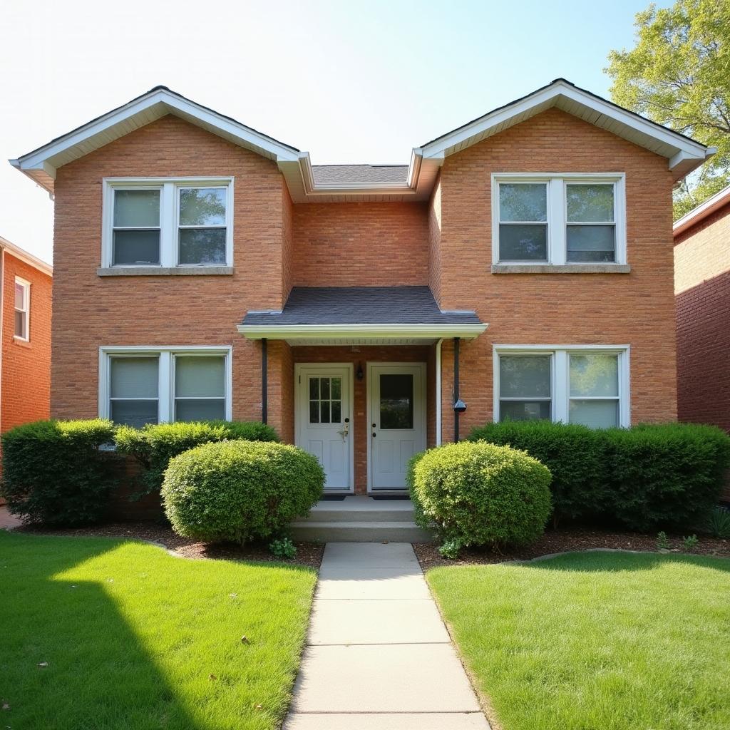 Exterior of a small two-unit residential building with terracotta brick facade